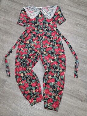 RARE Vintage 80's-90's  Chuckles Floral Jumpsuit Girls Size 12 Festive Lace